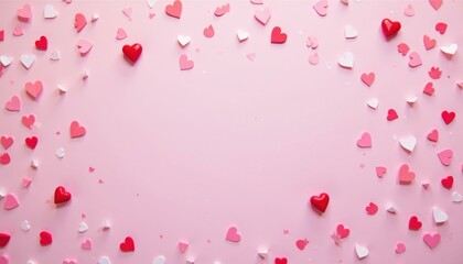 Heart shaped paper and glossy decorations scattered on a pink surface create a lovely romantic background, perfect for Valentine's day, weddings or anniversary cards