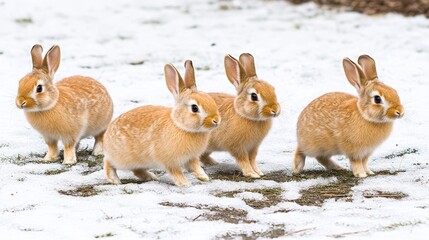Obraz premium Four Adorable Rabbits in Snowy Winter Scene