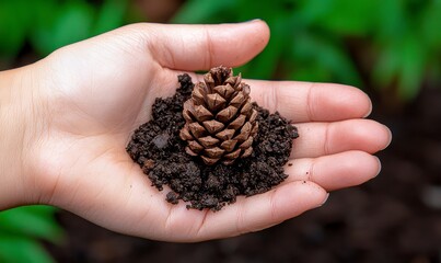 Hand Holding Pine Cone Surrounded by Fresh Soil with Green Background
