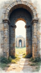 Obraz premium Stone arches with walkway leading through.Perspective view. Classical stone arches. Peaceful ambiance.Architectural arches. Walkway and peaceful outdoor setting.