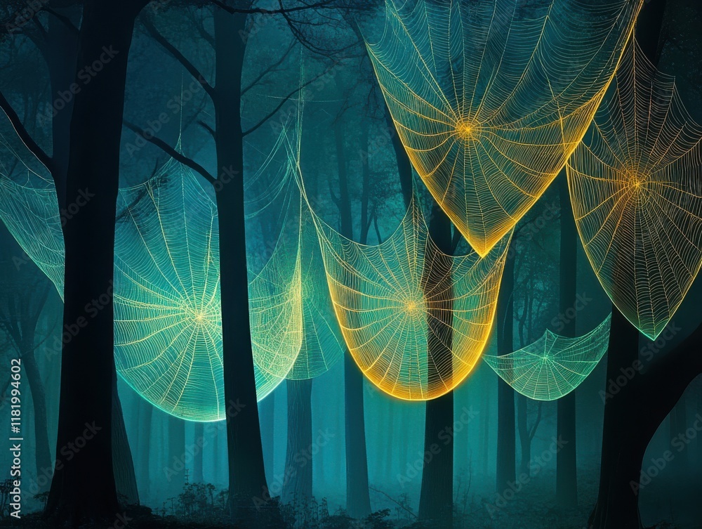 Poster a mystical forest with glowing webs suspended between trees.