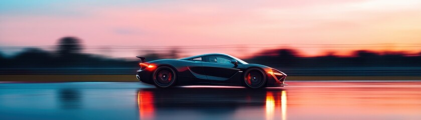Fototapeta premium A sleek car speeding on a reflective track at sunset.
