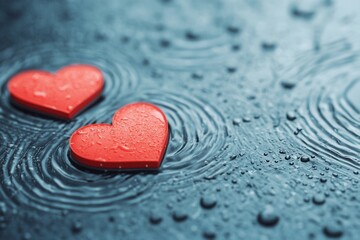 Rainy heart scene, floating heart-shaped puddles, 3D illustration