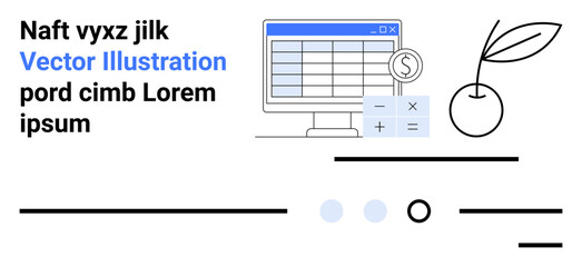 Computer with spreadsheet, calculator, currency symbol, and plant. Ideal for financial management, technology, business growth, budgeting, investment, startup, analysis. Landing page