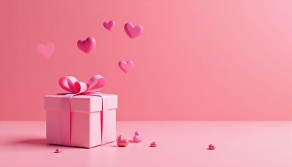 Pink gift box with bow and flying hearts on pink background representing love and gifting for romantic events like Valentines Day or for birthdays.