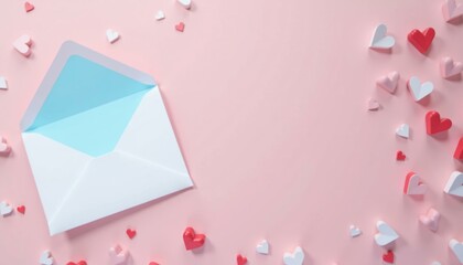 Open envelope with blue interior surrounded by pink, white, and red hearts on a pink background, romantic concept for Valentine's Day, weddings, or love letters.