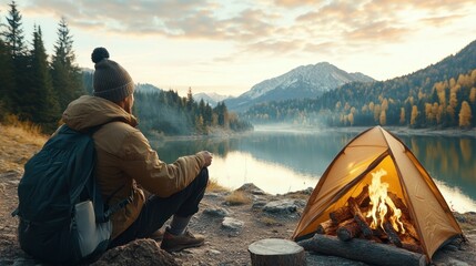Fototapeta premium Embark on a Camping Expedition Experience the Scenic Trail with Comfort, Outdoor Gear, and the Allure of Exploration Amidst Breathtaking Wilderness and Nature's Serenity