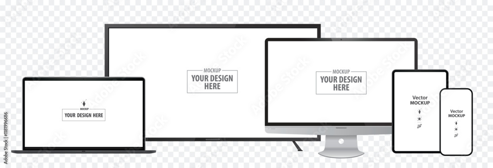 Aufkleber laptop computer, tv screen, desktop computer monitor, tablet pc and mobile phone mockup. digital dev