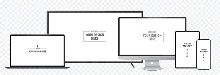 Laptop Computer, TV Screen, Desktop Computer Monitor, Tablet PC and Mobile Phone Mockup. Digital devices screen vector illustration template on transparent background. Easy editable vector file.