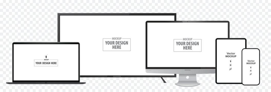 Laptop Computer, TV Screen, Desktop Computer Monitor, Tablet PC and Mobile Phone Mockup. Digital devices screen vector illustration template on transparent background. Easy editable vector file.