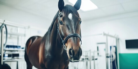 A horse is located in a veterinary clinic, exhibiting a focused and attentive expression