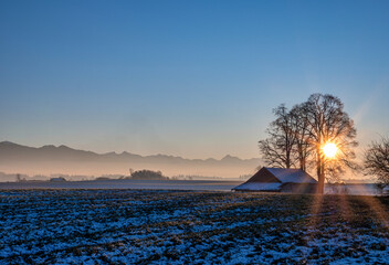 Winterlandschaft bei Etting, Blaues Land, Oberbayern, Bayern, Deutschland, Europa