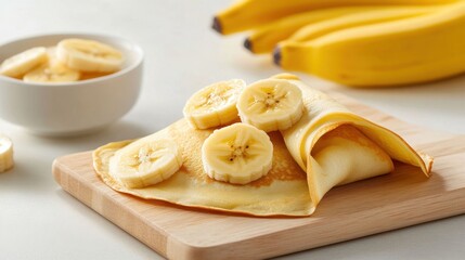 Delicious Banana Crepe Served on Wooden Board with Fresh Bananas