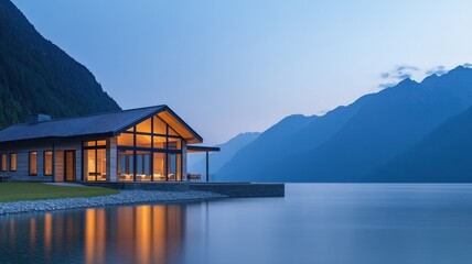 Fototapeta premium Modern lakeside cabin at dusk with mountain backdrop.