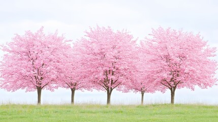 Fototapeta premium Four Pink Cherry Blossom Trees in Spring Meadow