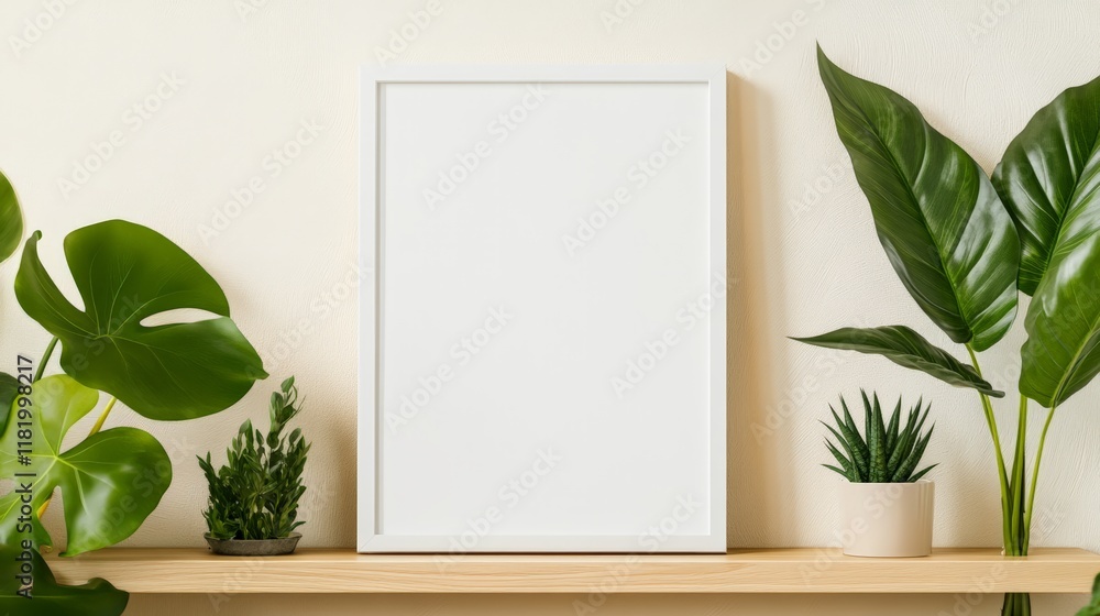 Poster White empty frame mockup is standing on a wooden shelf decorated with green plants, offering a stylish and natural presentation for artwork or design projects
