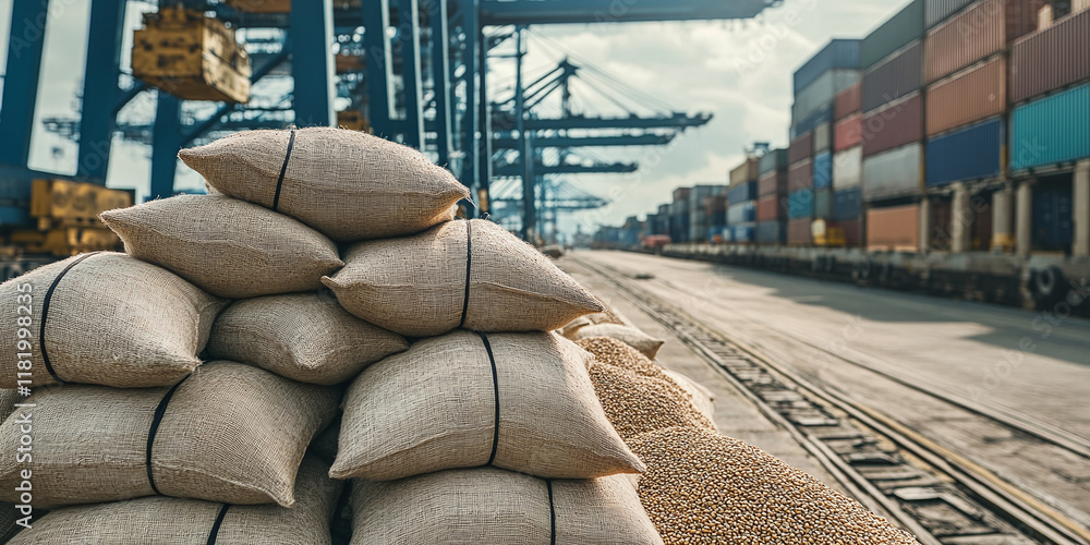 Poster cargo sacks stacked on a dock with a large container ship in the background. the industrial port sce