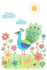 Naklejka premium Color Pencil Drawing for Kids: Happy Peacock in a Flower Field - Generative AI 