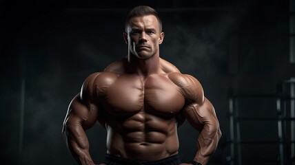 Fototapeta premium Powerful Bodybuilder: Dramatic Studio Portrait, Muscular Physique, Dark Background
