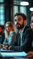 In a contemporary office environment, a diverse group of professionals participates in an intense discussion, focusing on teamwork and innovative ideas