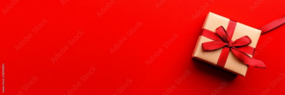Poster beige gift box with red ribbon bow placed on vivid red background creating romantic atmosphere for v