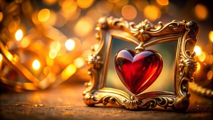 Fototapeta premium Red Glass Heart in Gold Frame - Valentine's Day Tilt-Shift Miniature