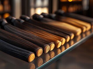 Naklejka premium Human hair extensions in natural black, arranged artistically on a glass table, illuminated with soft golden light