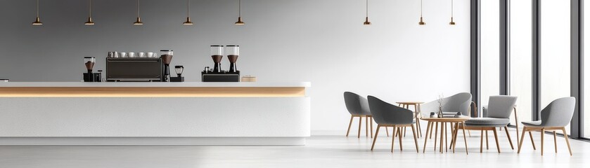 Modern coffee shop interior with minimalist design and seating.