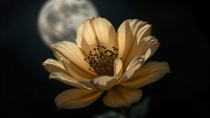A flower darkened in velvet-like color, rich in creams and shades of black and gray, bends to the moonlight. Photoshoot, 360 Angle, Tilt Blur, Slit-Scan Photography, Saturated, High Contrast, 2.5D, Di