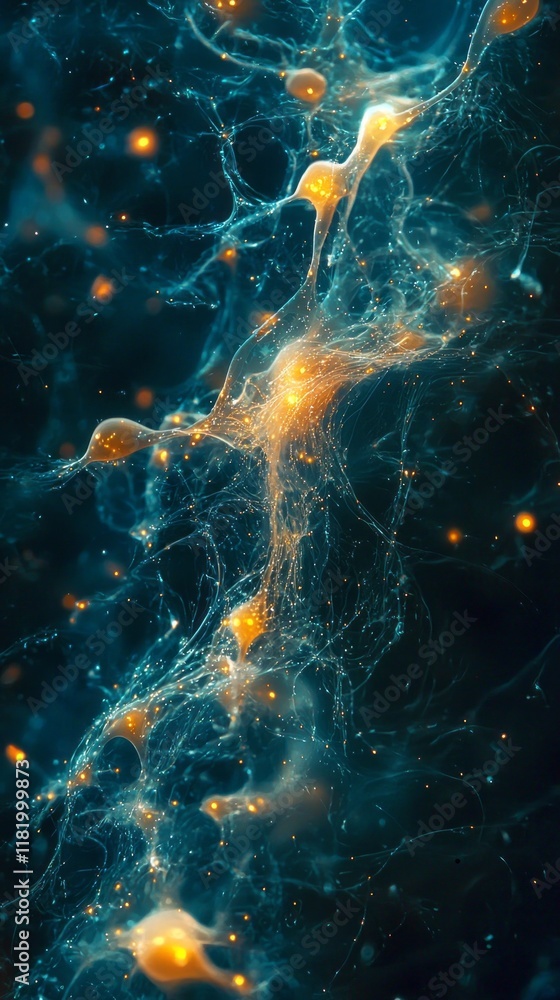 Poster in the depths of the ocean, vibrant bioluminescent plankton glow with ethereal light, creating a stu