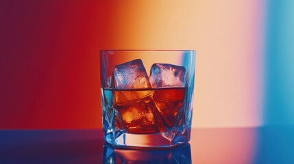 Whiskey rocks glass with ice cubes on colorful background.