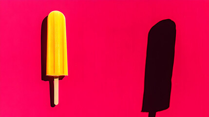 Vibrant yellow popsicle casts a dramatic shadow against a bold pink background; summer refreshment concept.