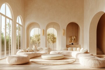 Sunlit Mediterranean living room, arched windows, plush seating, serene garden view, home decor