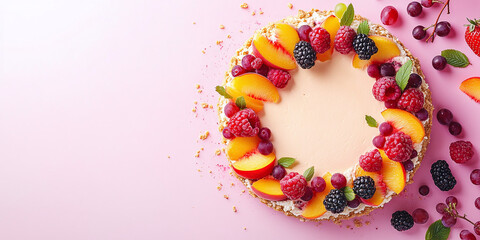 Top view of a beautifully decorated fruit tart with fresh raspberries, blackberries, peach slices, and mint leaves, displayed on a pink background with scattered fruit.