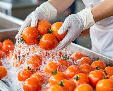 Protecting public health by sanitizing fresh produce is essential This image shows a worker sanitizing tomatoes with water, a crucial step to prevent foodborne illnesses Ensuring food safety starts