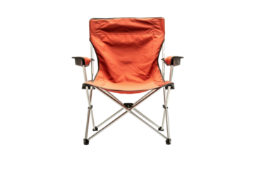 A vibrant orange folding chair set against a clean white backdrop, ideal for outdoor relaxation