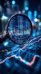 A magnifying glass focuses on financial data and stock market trends, emphasizing analysis and research.
