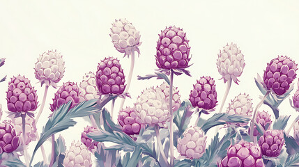 Fototapeta premium A stylized illustration of purple and white flowers with green leaves.