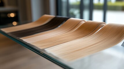 Realistic clipin extensions, light ash blonde, neatly arranged on a polished glass counter