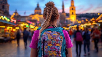 A spirited young girl with a backpack walks through a bustling cityscape at twilight, capturing the essence of adventure and exploration in a beautifully illuminated setting.