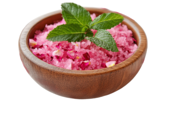 Delicate pink bath salts with mint and rose petals creating a soothing spa atmosphere