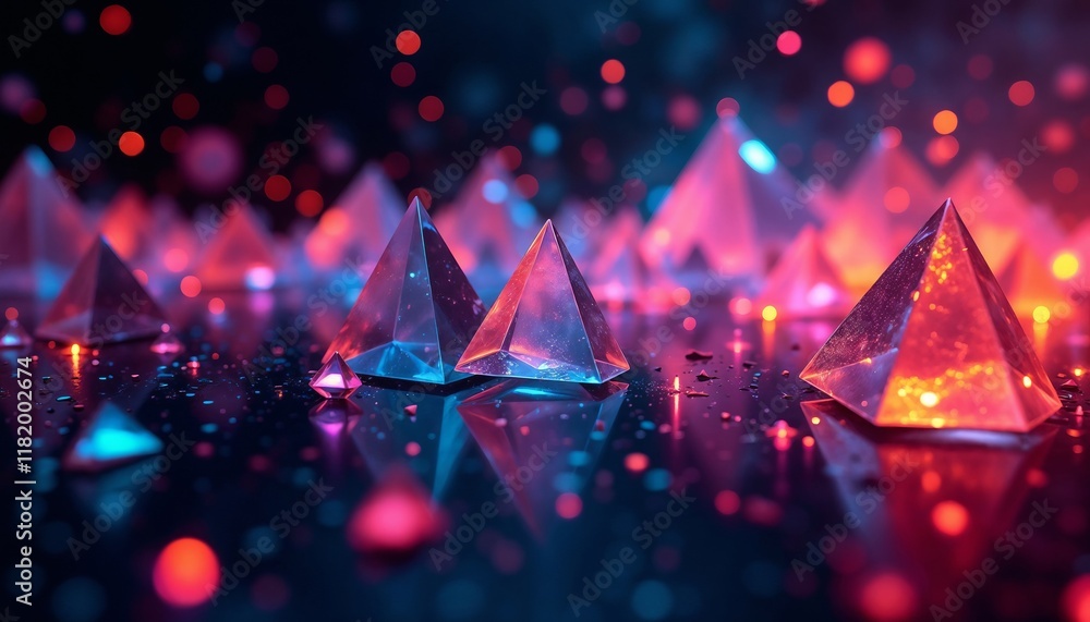Poster transparent pyramids glowing with colorful lights on a reflective surface.magical glow. futuristic d