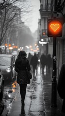 Heart-Shaped Traffic Light on Rainy Street
