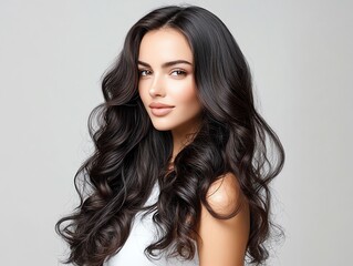 Naklejka premium Realistic curly hair extensions, dark brown with subtle highlights, glowing softly on a reflective surface