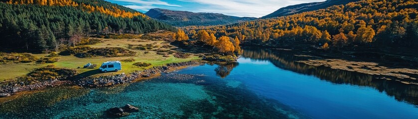 Naklejka premium Stunning autumn landscape with vibrant colors and tranquil water.