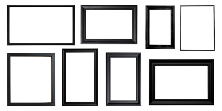 Black picture frame png cut out element set, transparent background