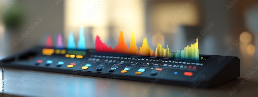 Poster 3d rendered image of a high tech spectrum analyzer displaying the frequency distribution and wavefor