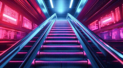 Futuristic escalator scene neon lights digital environment urban view