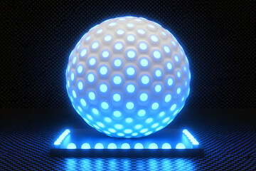 Glowing wireframe a white golf ball with a dimpled surface on a transparent background, highlighted by a combination of blue and black data points.
