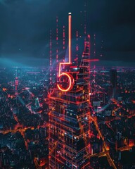 A futuristic cityscape featuring a skyscraper with a glowing number 5.